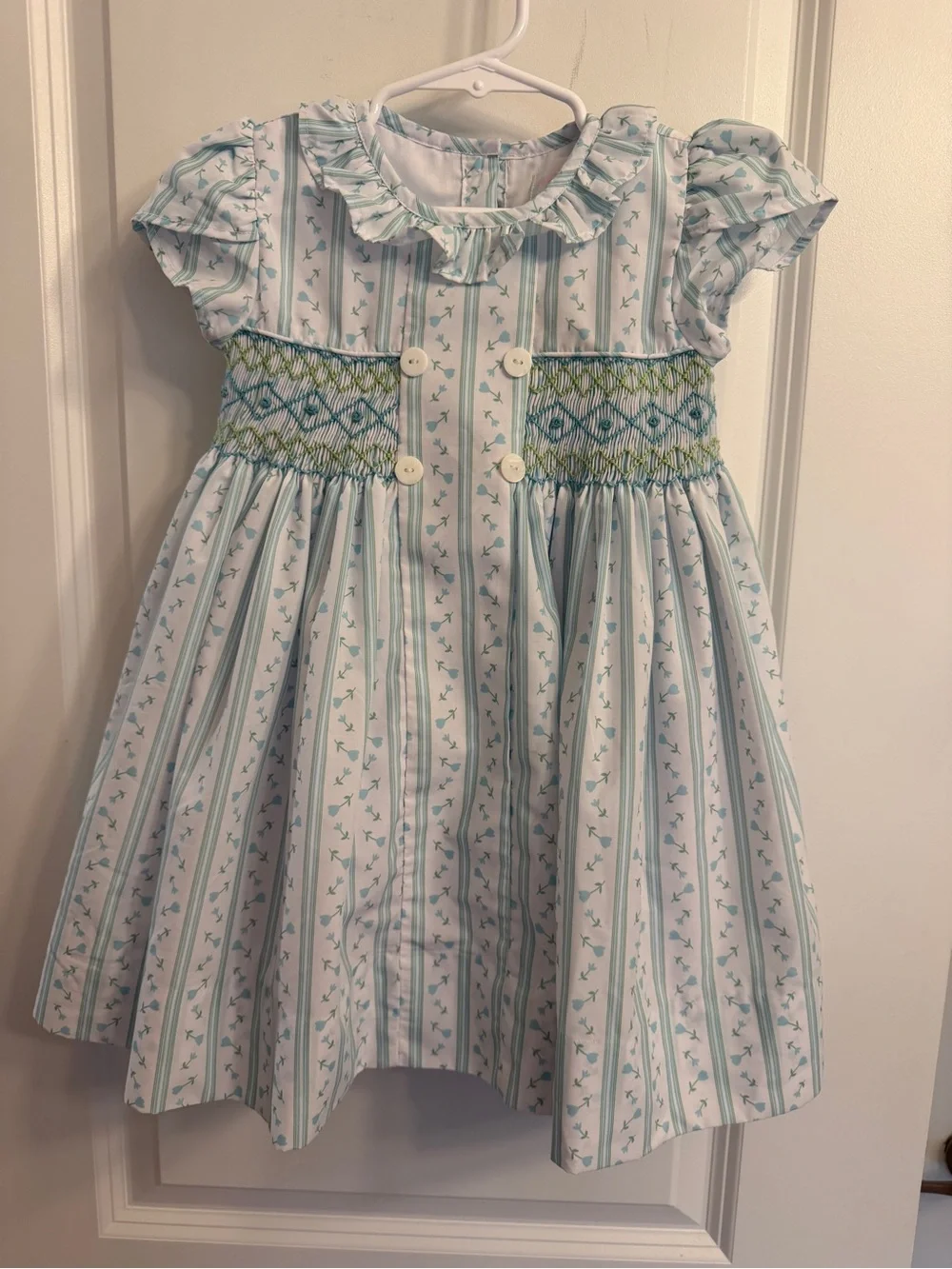 Girls White and Light Blue Smocked Floral Stripe Dress